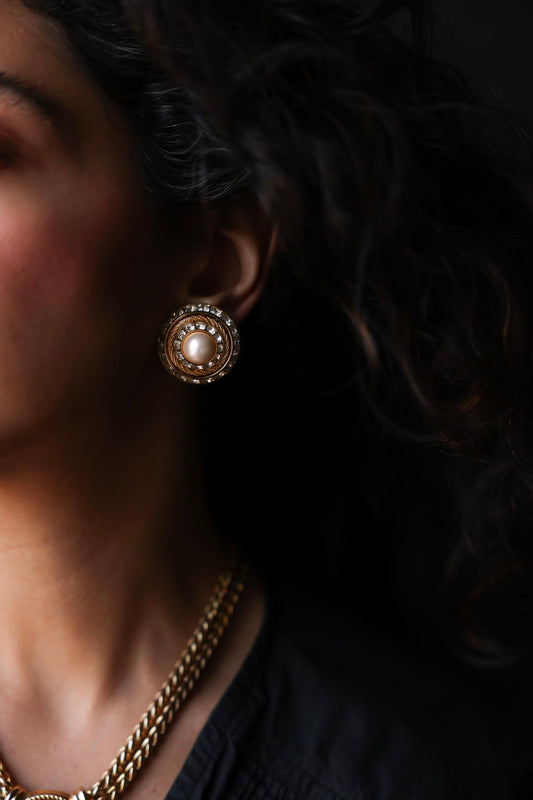 Golden Halo Clip-On Earrings with Faux Pearl and Rhinestones|Vintage Baazaar 