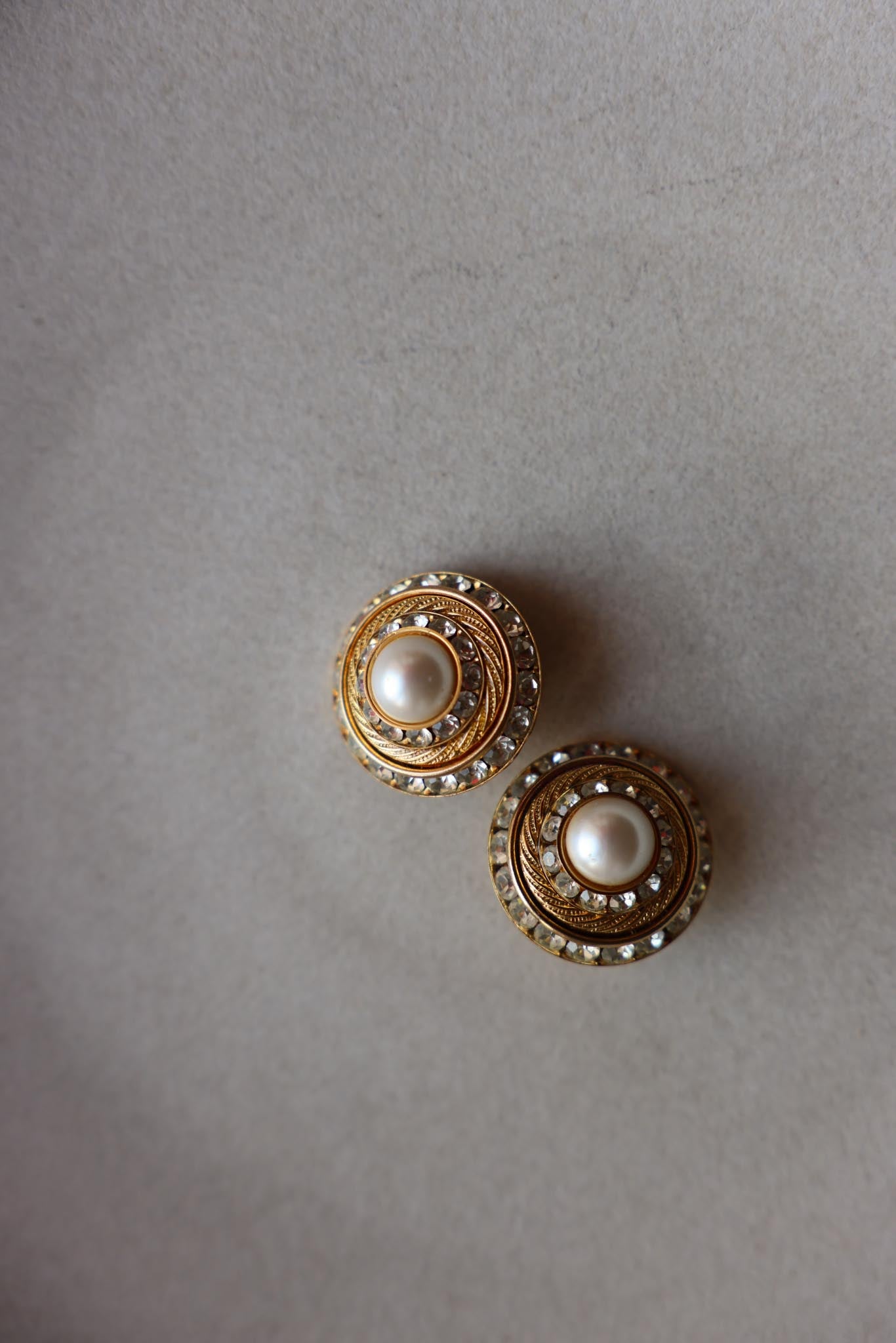 Golden Halo Clip-On Earrings with Faux Pearl and Rhinestones|Vintage Baazaar 