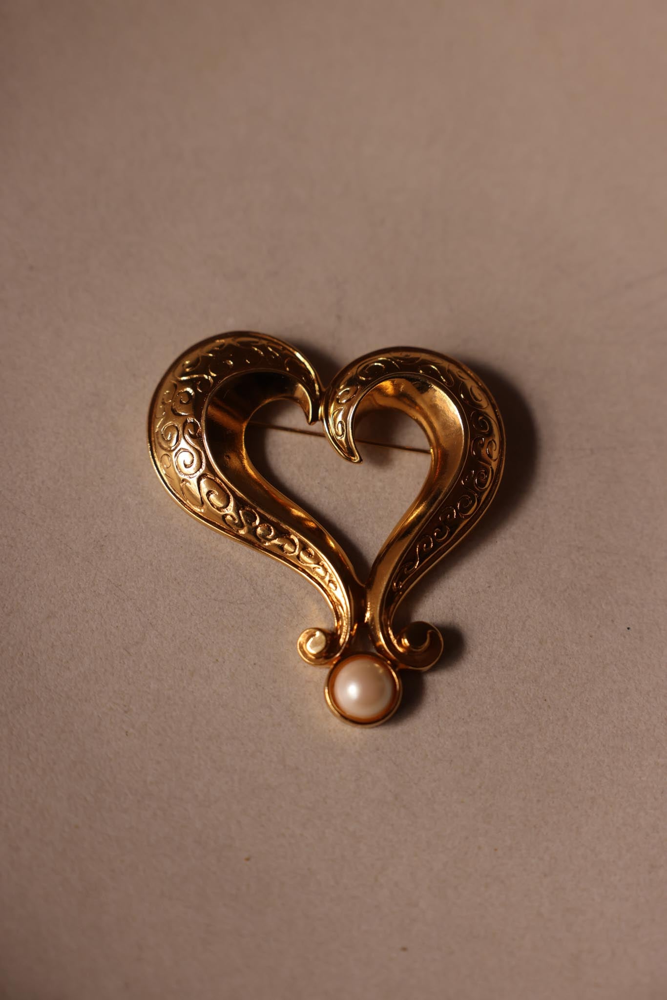 Heart Scroll Gold-Tone Brooch with Faux Pearl Accent