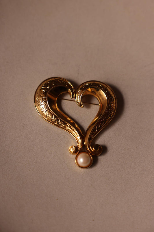 Heart Scroll Gold-Tone Brooch with Faux Pearl Accent