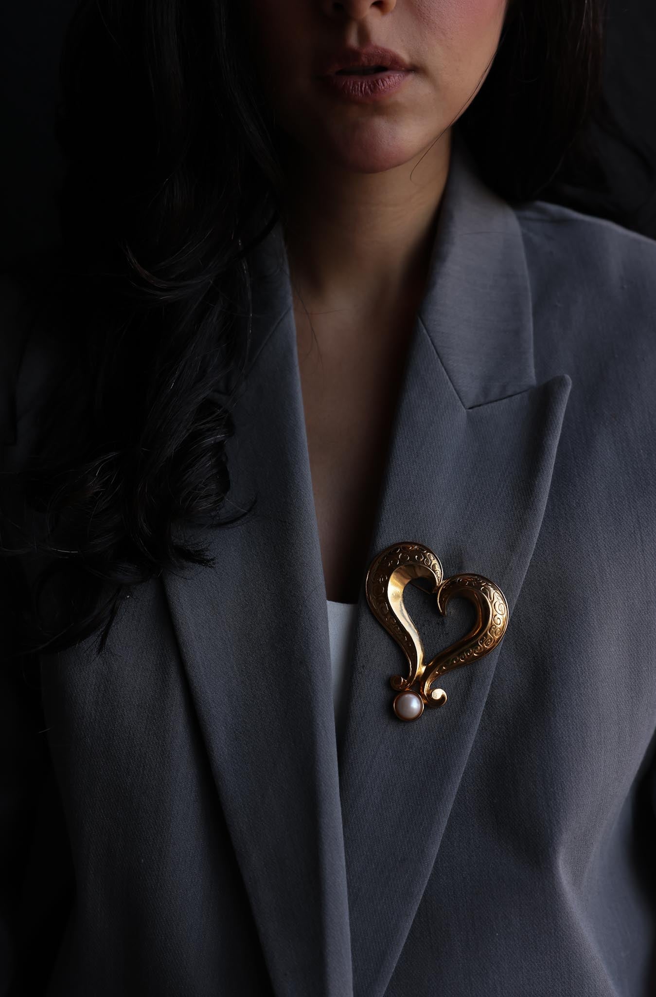 Heart Scroll Gold-Tone Brooch with Faux Pearl Accent