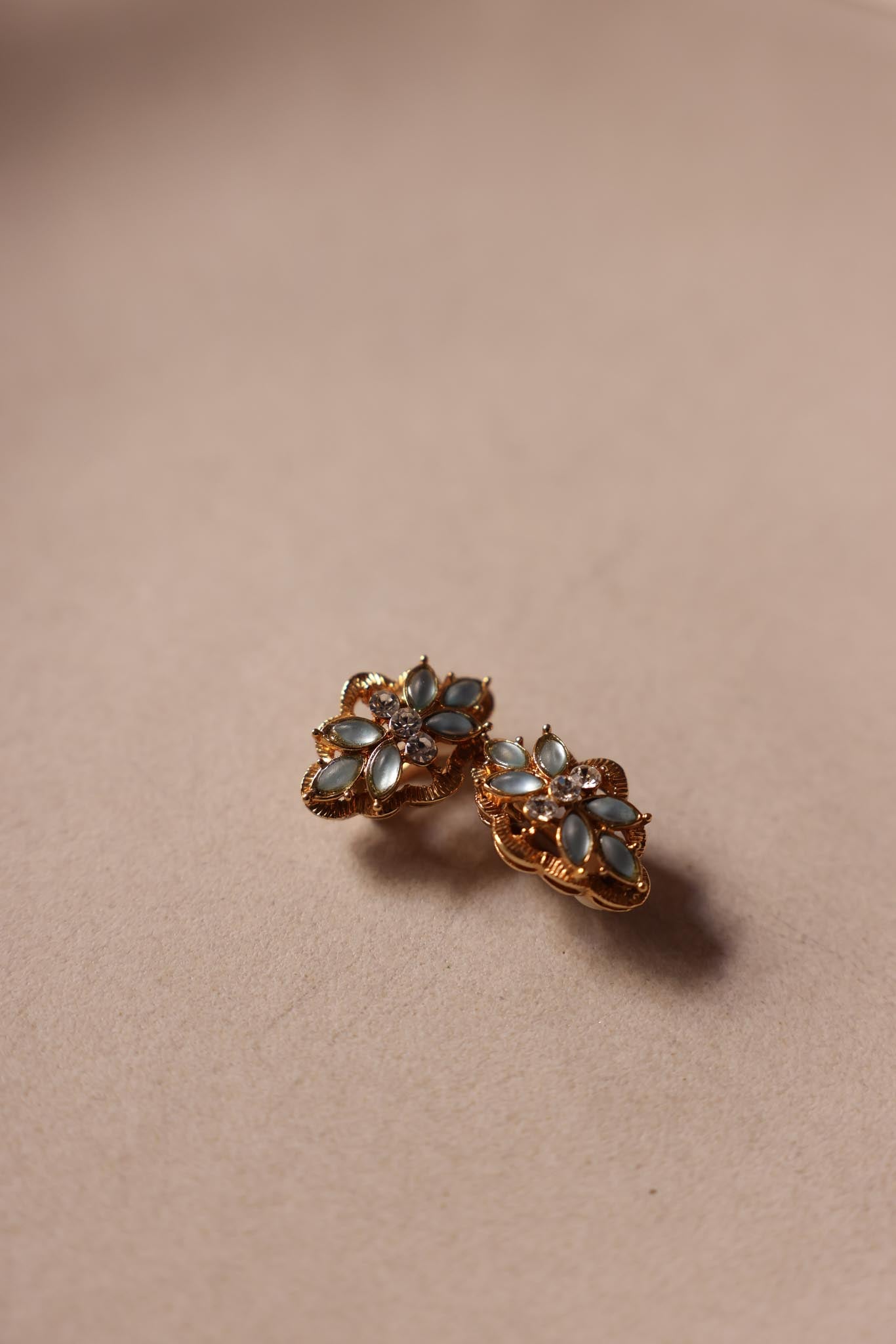 Gold-Tone Floral Clip-On Earrings with Light Blue Cabochons and Rhinestones