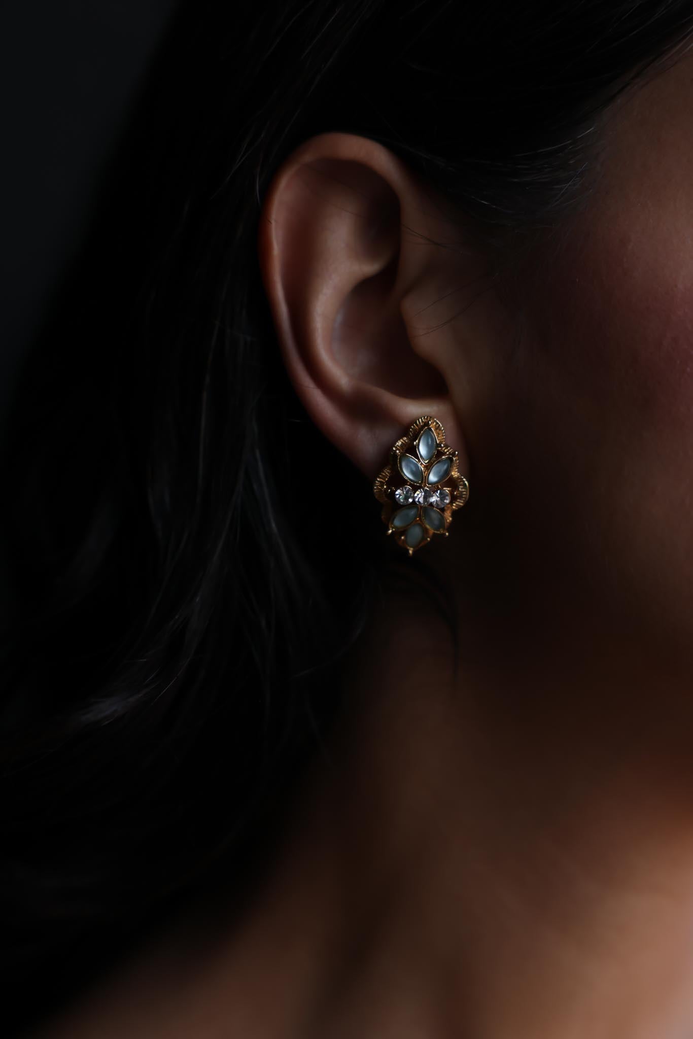 Gold-Tone Floral Clip-On Earrings with Light Blue Cabochons and Rhinestones