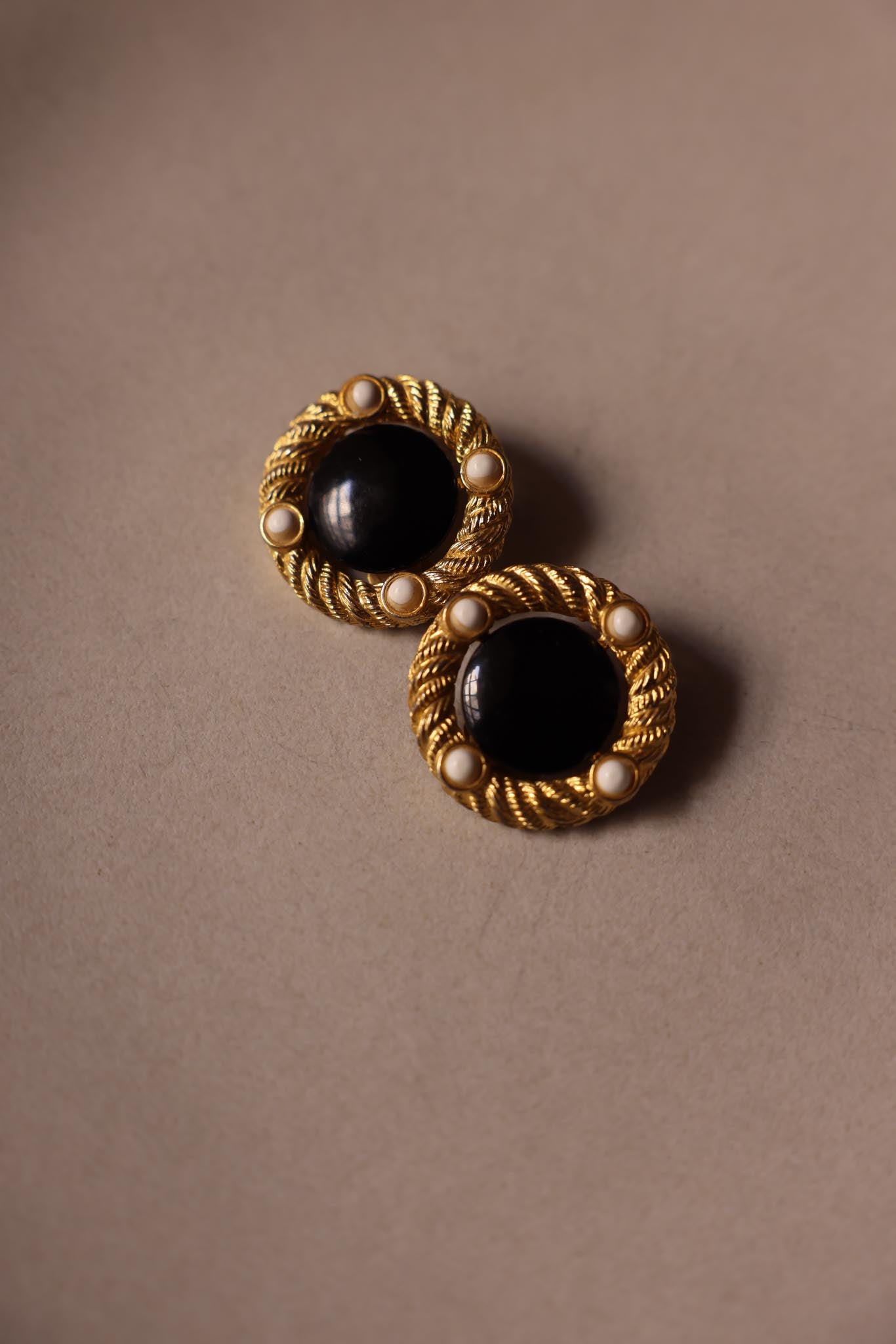 Gold-Tone Rope Circle Clip-On Earrings with Black and White Cabochons