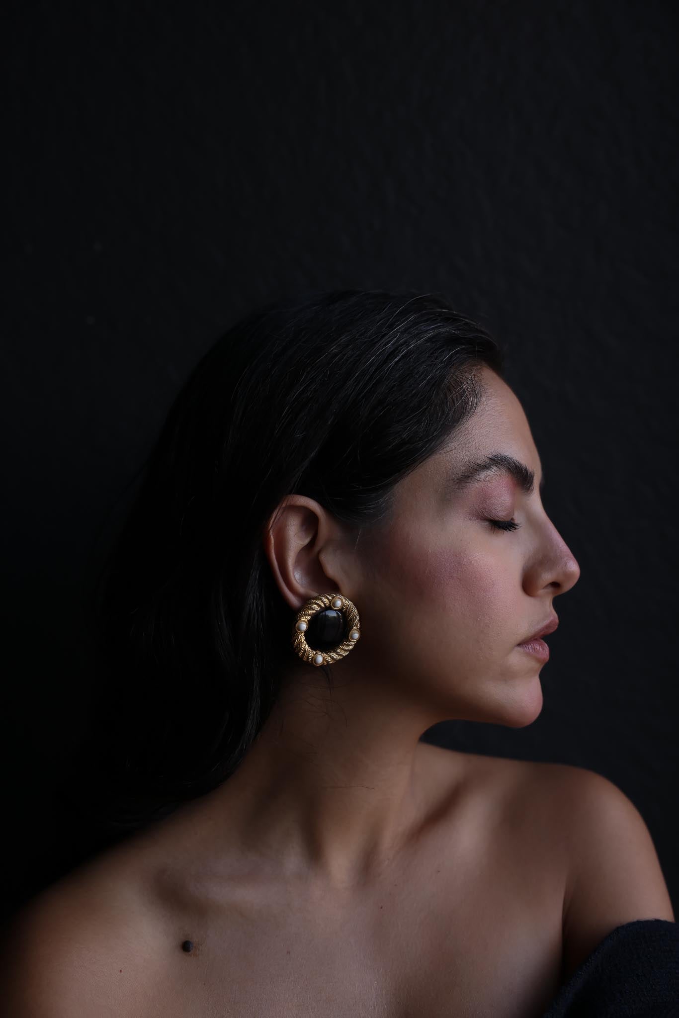 Gold-Tone Rope Circle Clip-On Earrings with Black and White Cabochons
