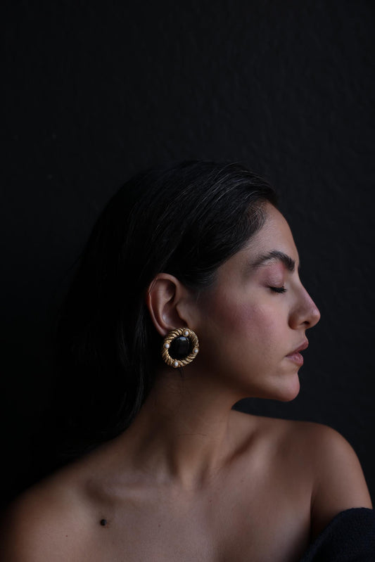 Gold-Tone Rope Circle Clip-On Earrings with Black and White Cabochons