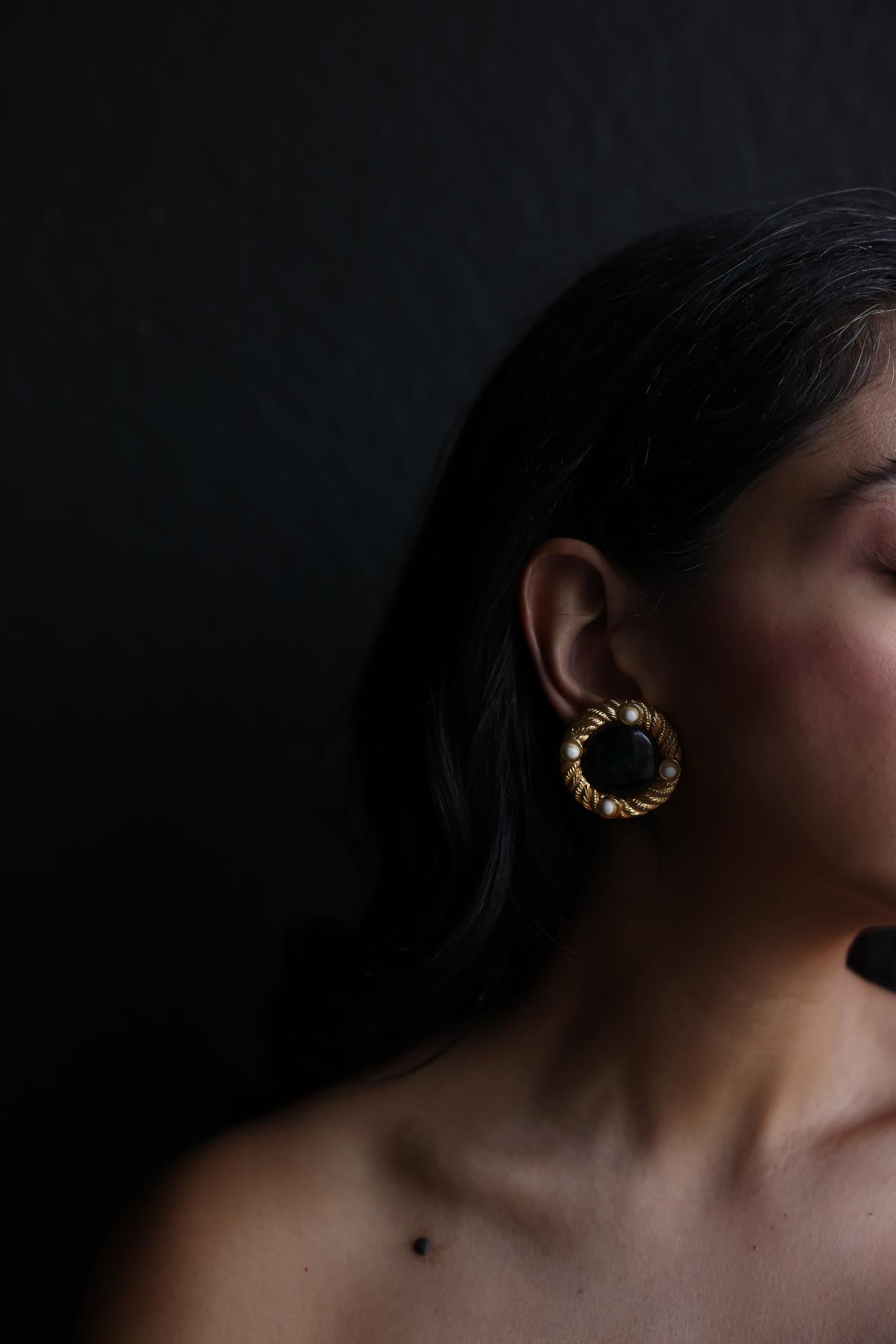 Gold-Tone Rope Circle Clip-On Earrings with Black and White Cabochons