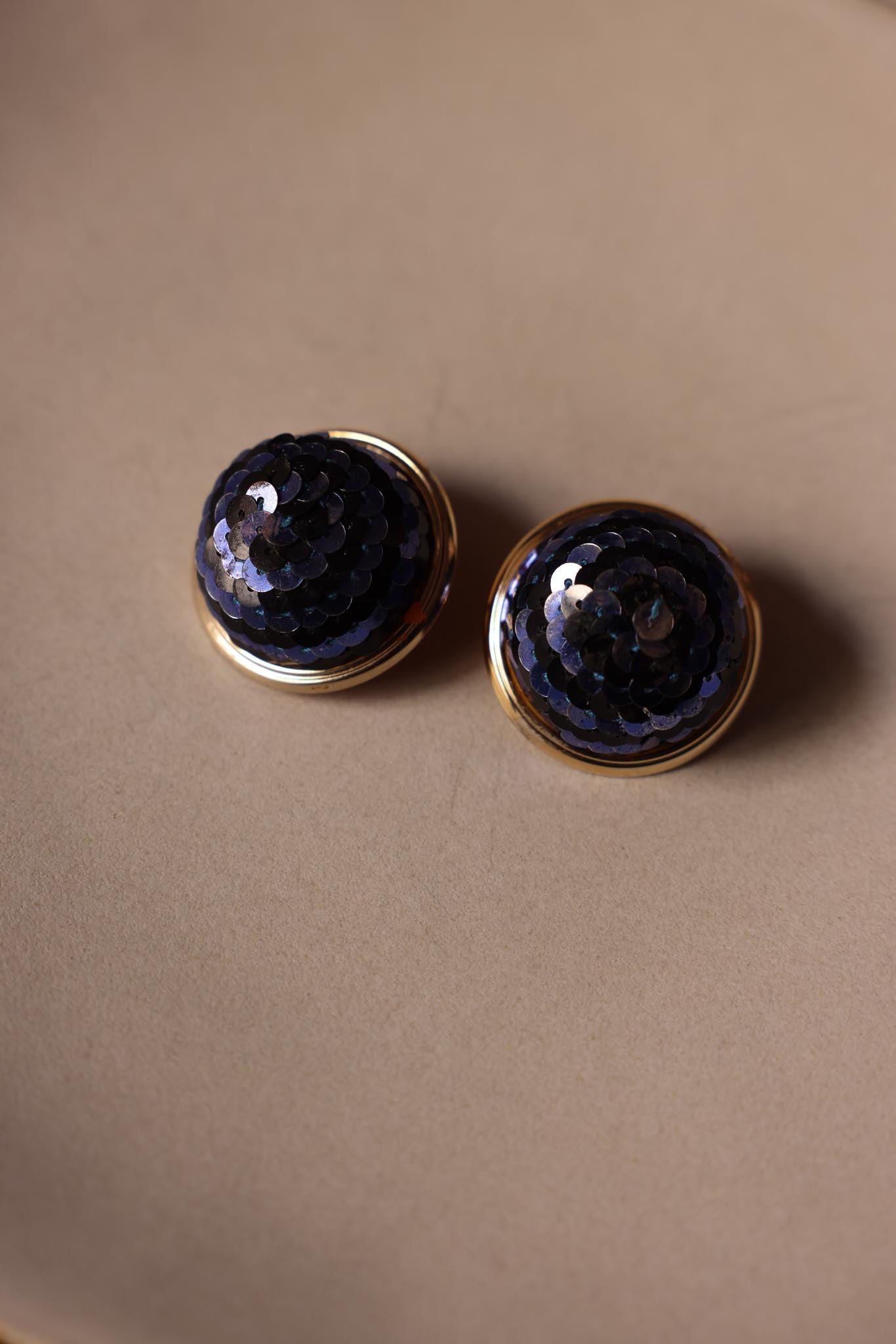 Navy Sequin Dome Clip-On Earrings