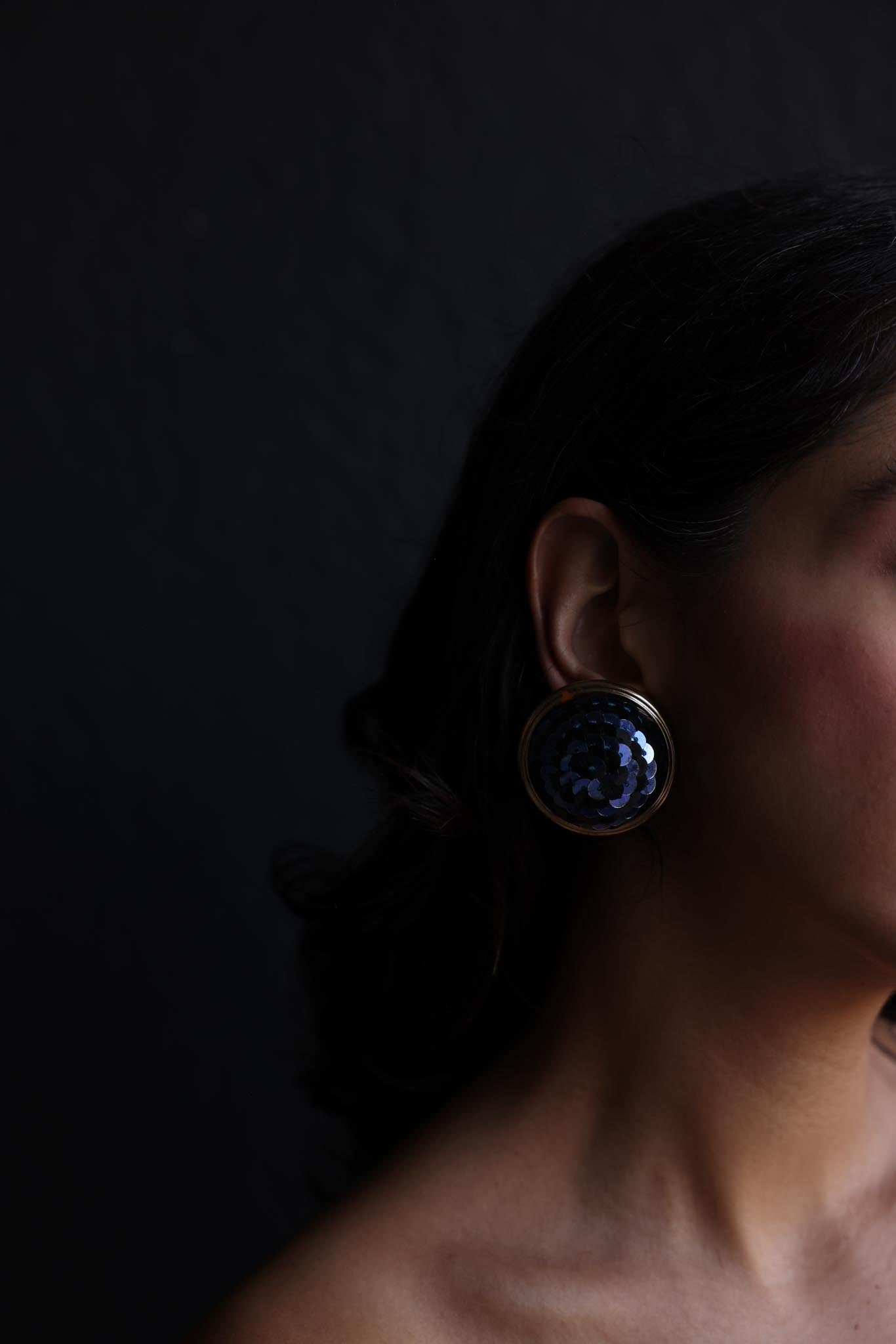 Navy Sequin Dome Clip-On Earrings