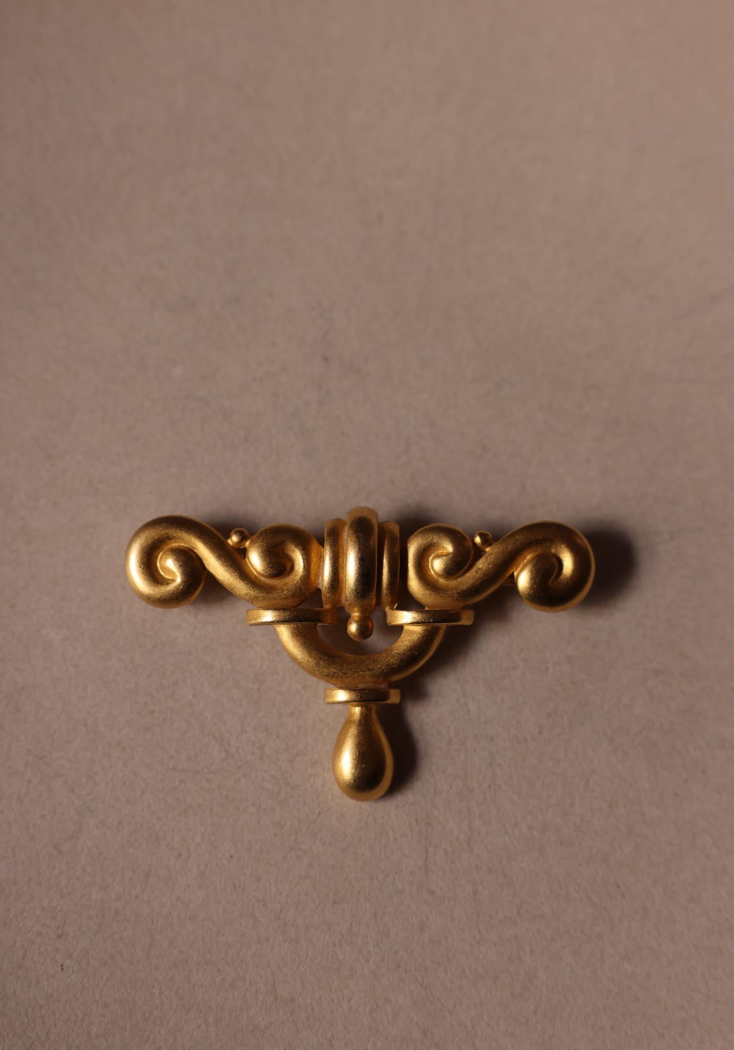 Matte Gold Scroll Brooch with Teardrop Accent