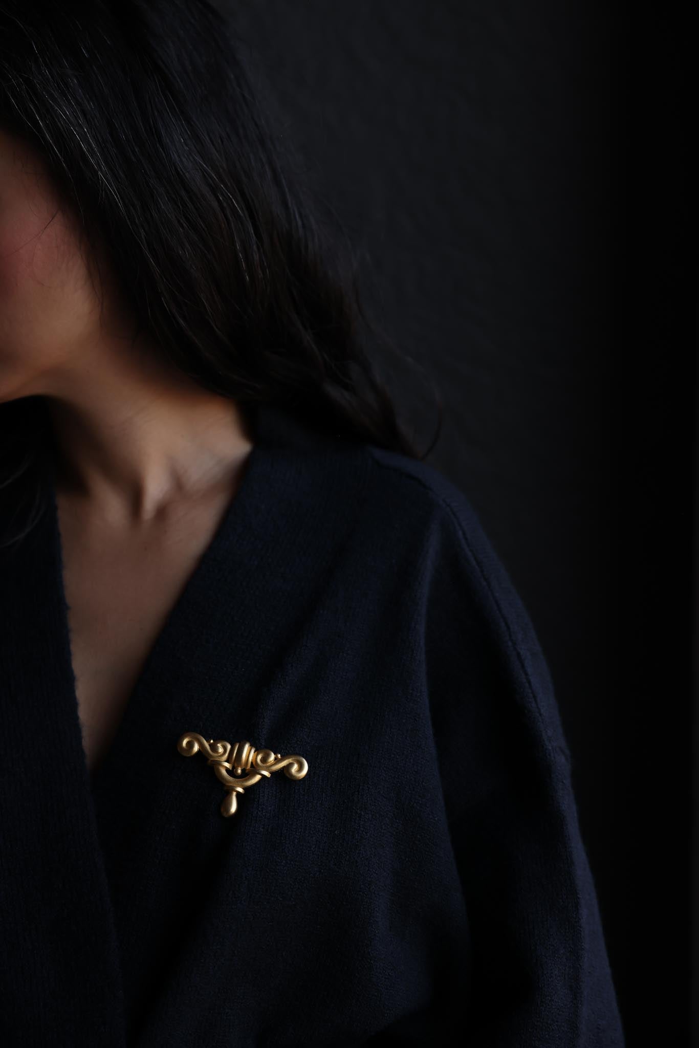 Matte Gold Scroll Brooch with Teardrop Accent