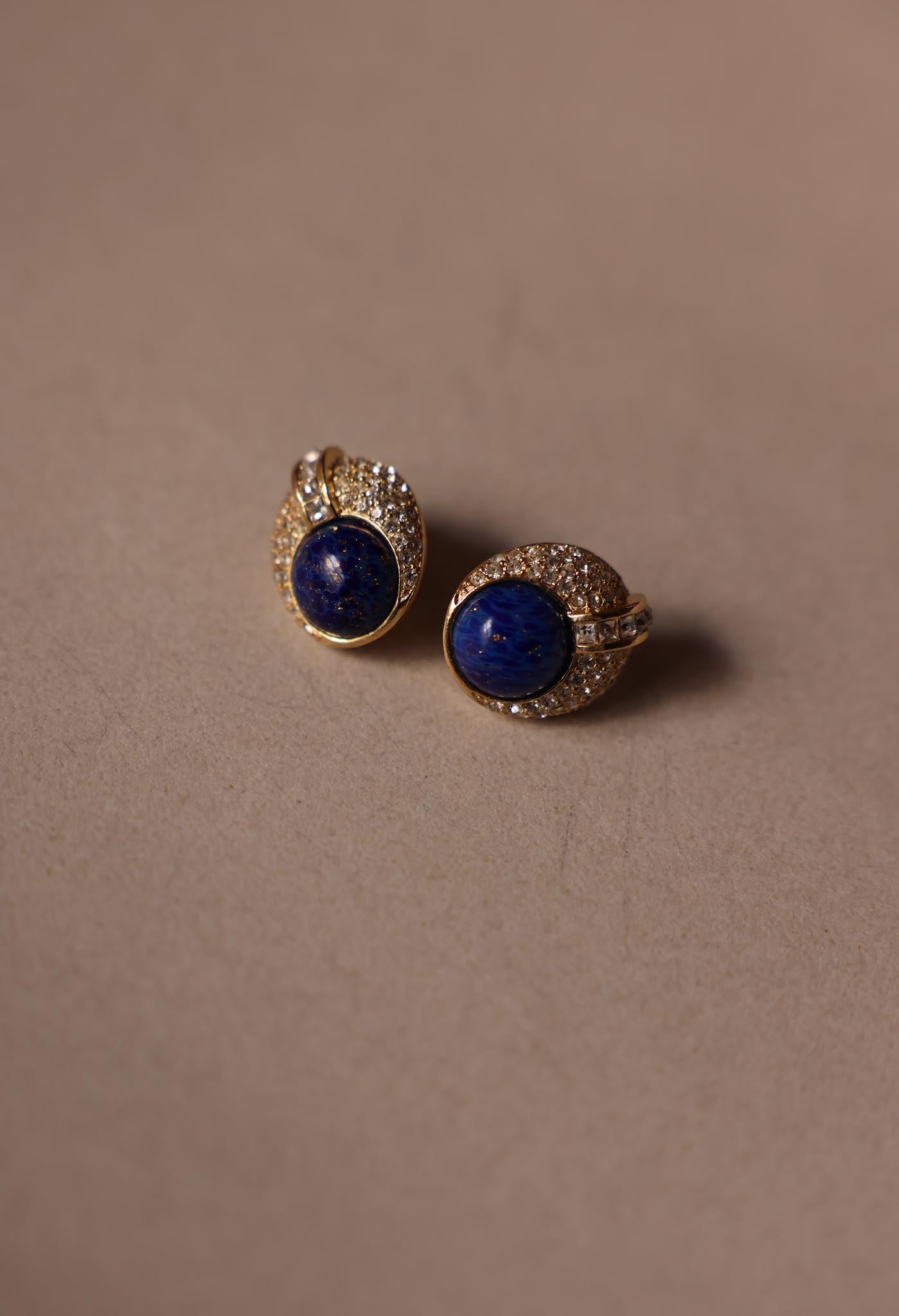 Gold-Tone Pierced Earrings with Blue Cabochons and Clear Rhinestones