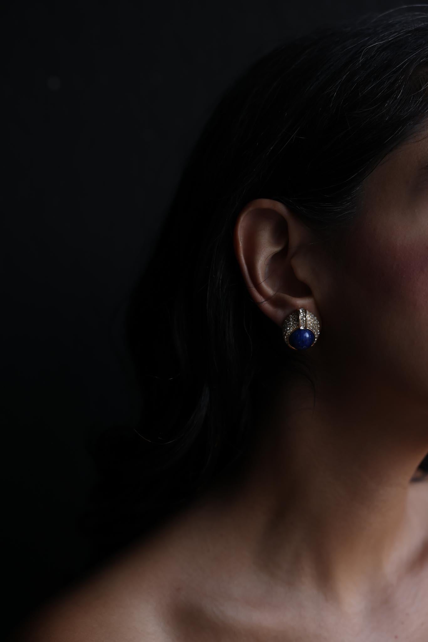 Gold-Tone Pierced Earrings with Blue Cabochons and Clear Rhinestones