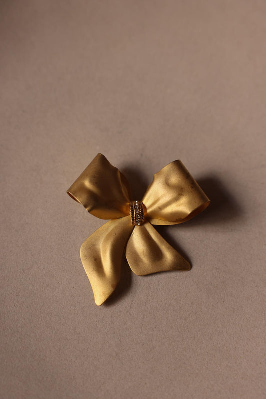 Matte Gold Bow Brooch with Clear Rhinestones