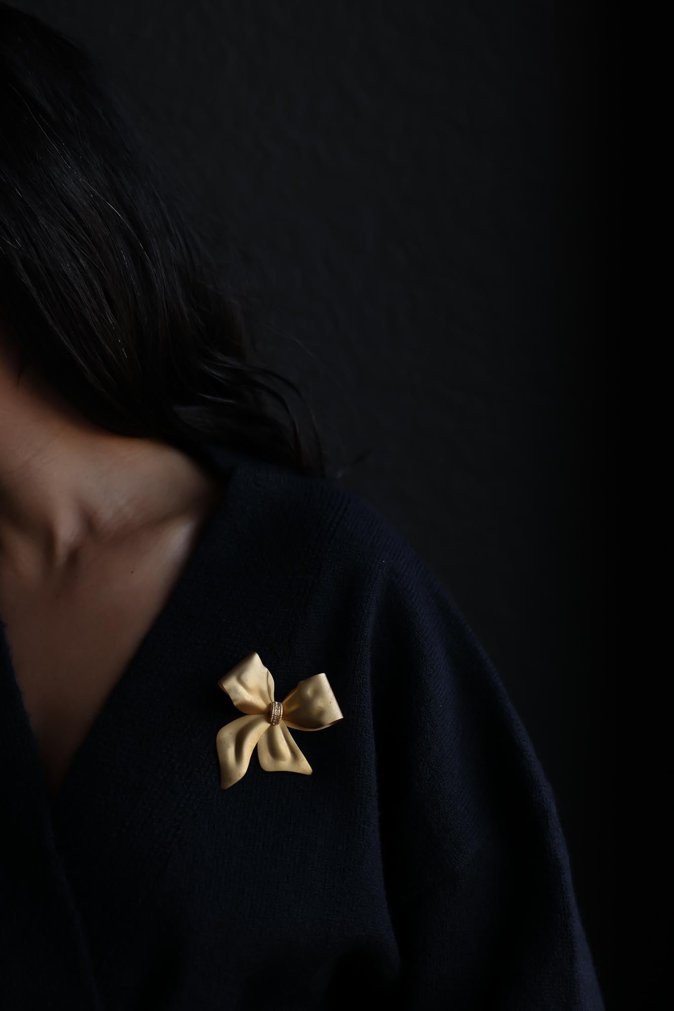 Matte Gold Bow Brooch with Clear Rhinestones