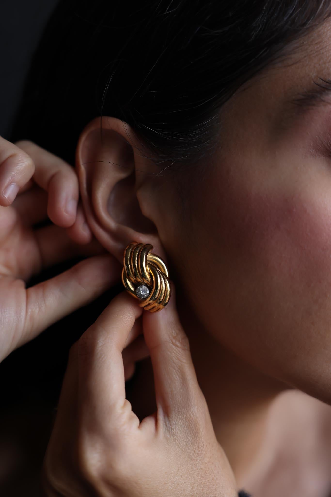 Twisted Gold Knot Earrings with Rhinestone Detail