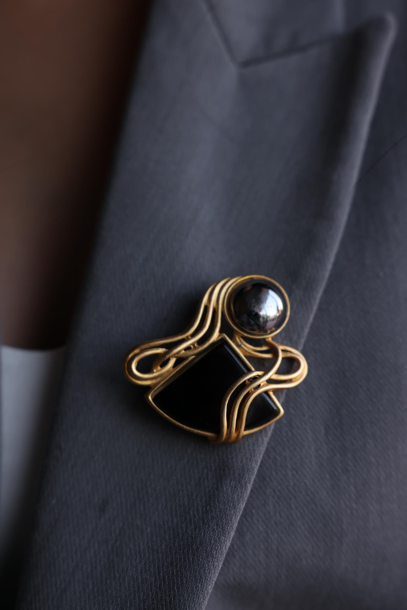 Matte Gold Abstract Brooch with Black and Silver Accents