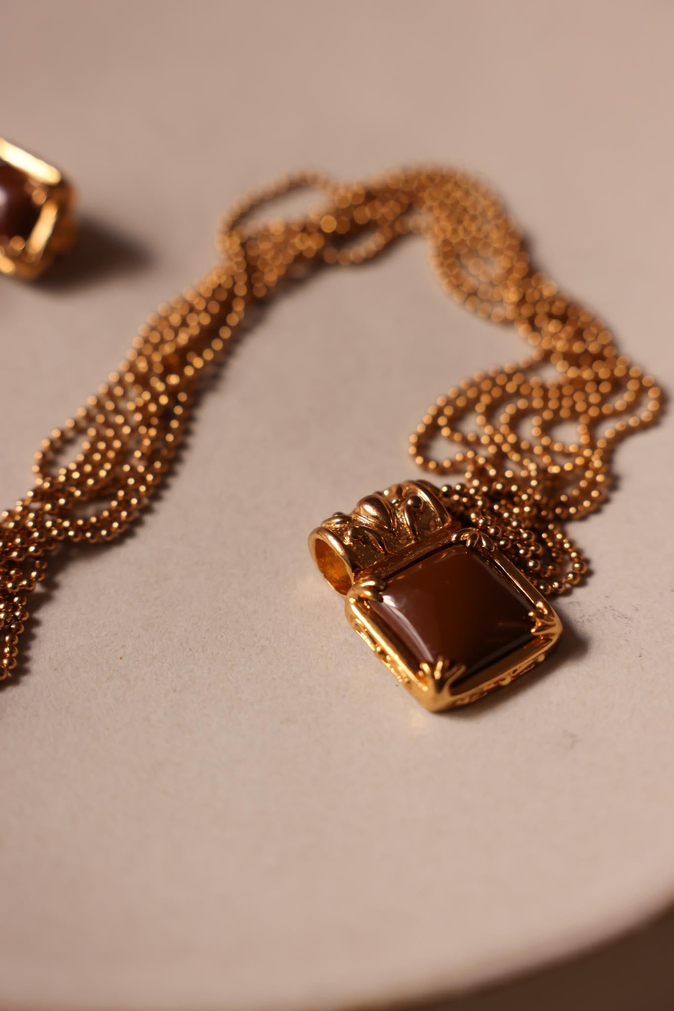 Gold-Tone Brown Cabochon Necklace and Clip-On Earrings Set