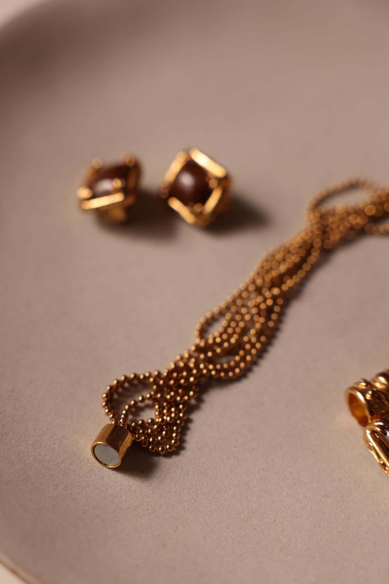 Gold-Tone Brown Cabochon Necklace and Clip-On Earrings Set