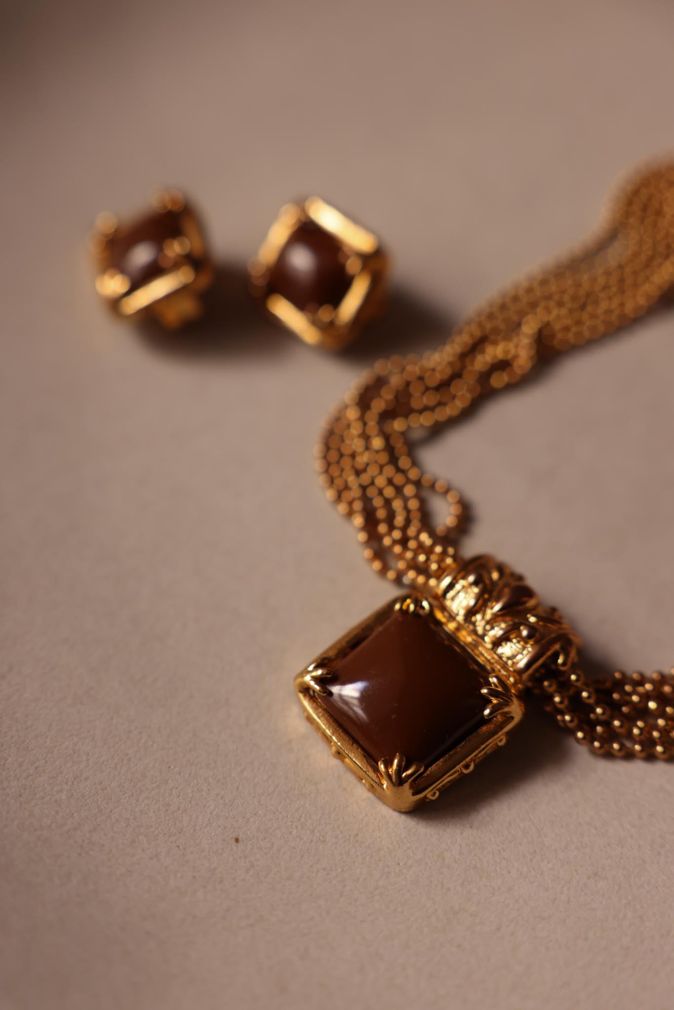 Gold-Tone Brown Cabochon Necklace and Clip-On Earrings Set