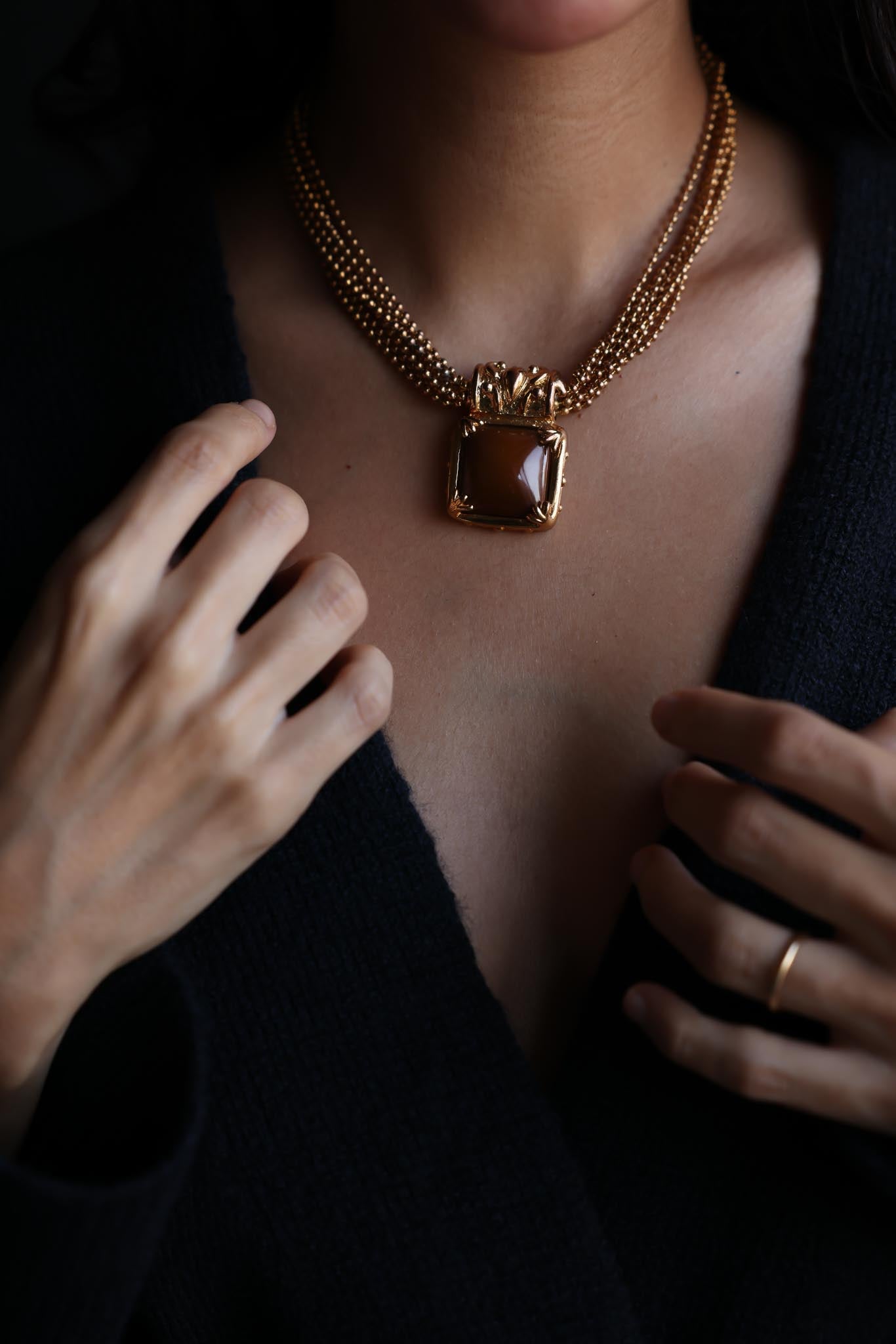 Gold-Tone Brown Cabochon Necklace and Clip-On Earrings Set