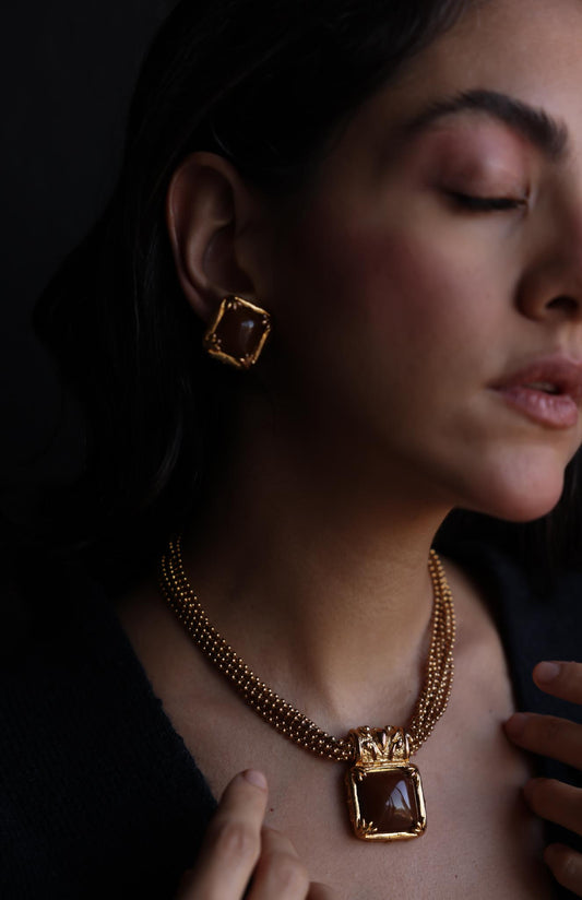 Gold-Tone Brown Cabochon Necklace and Clip-On Earrings Set