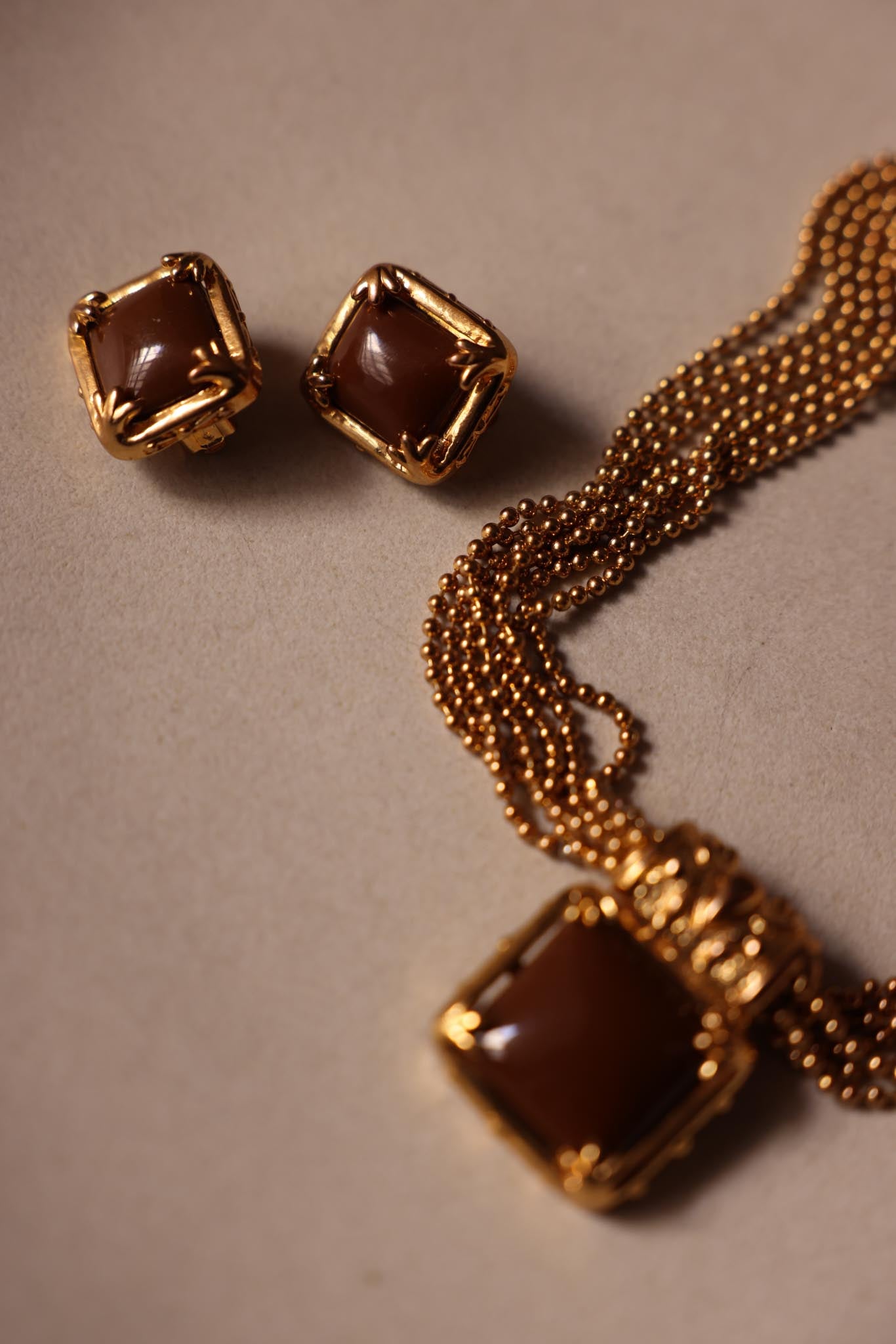Gold-Tone Brown Cabochon Necklace and Clip-On Earrings Set