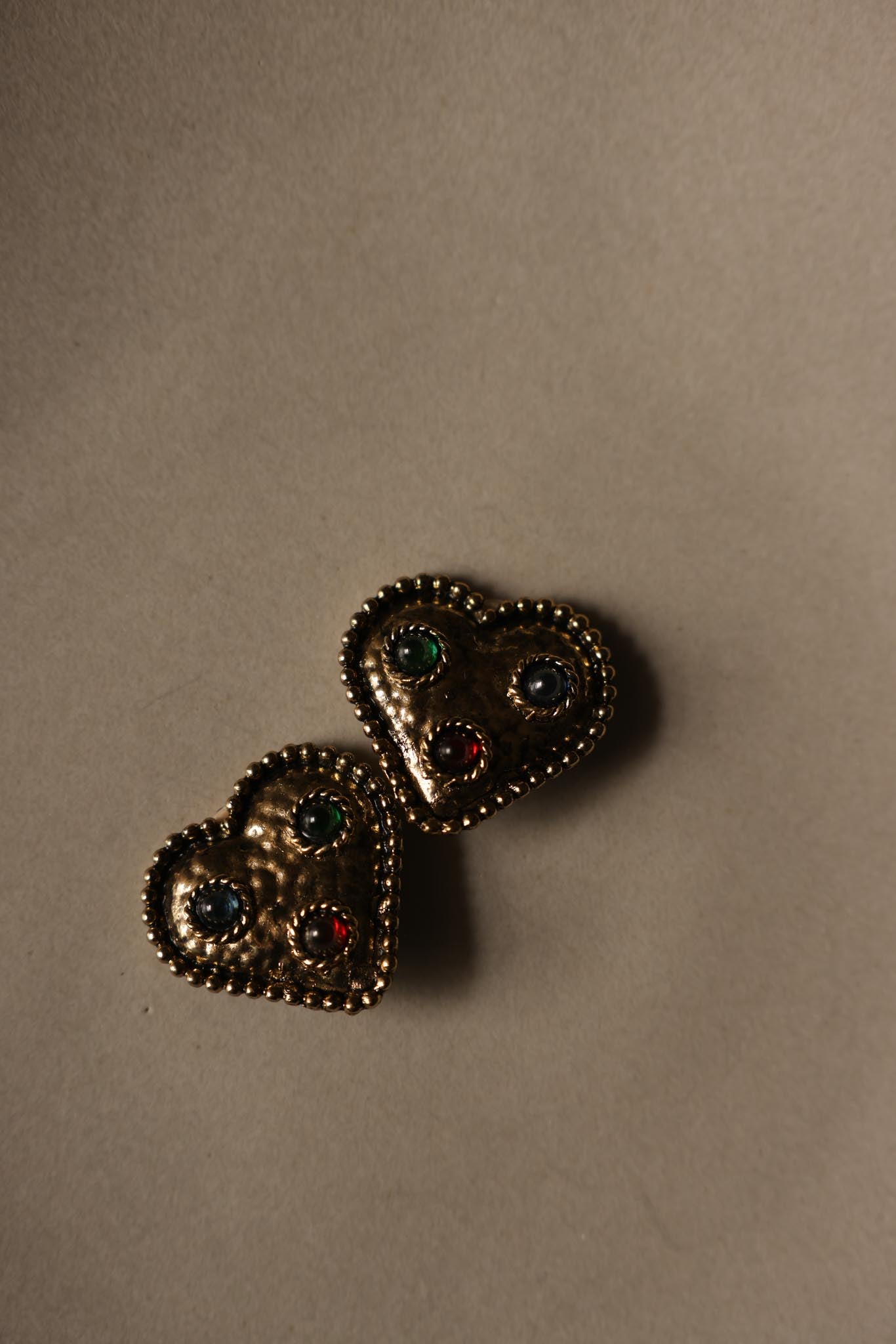 Brass Heart Clip-On Earrings with Multicolor Cabochons