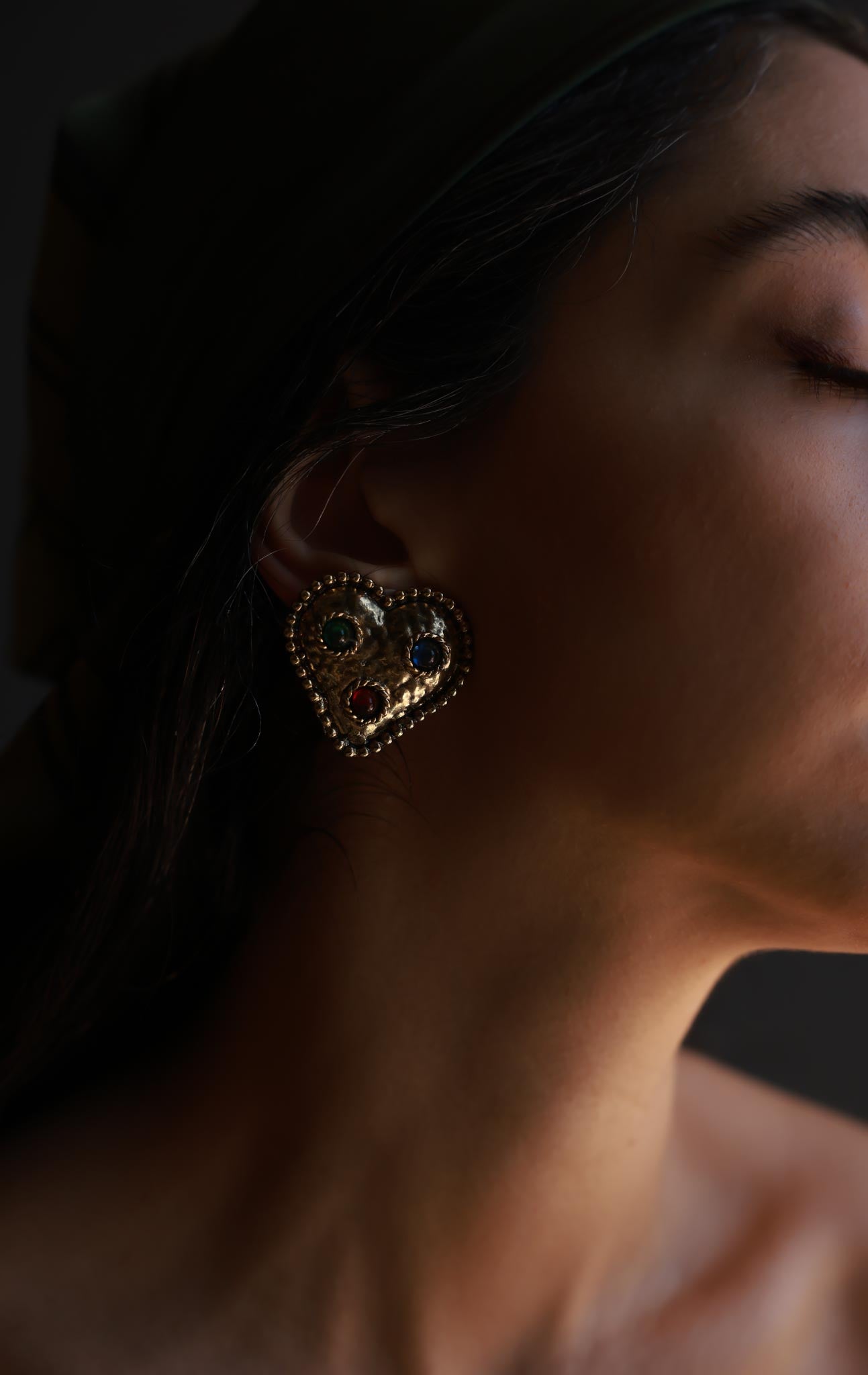 Brass Heart Clip-On Earrings with Multicolor Cabochons