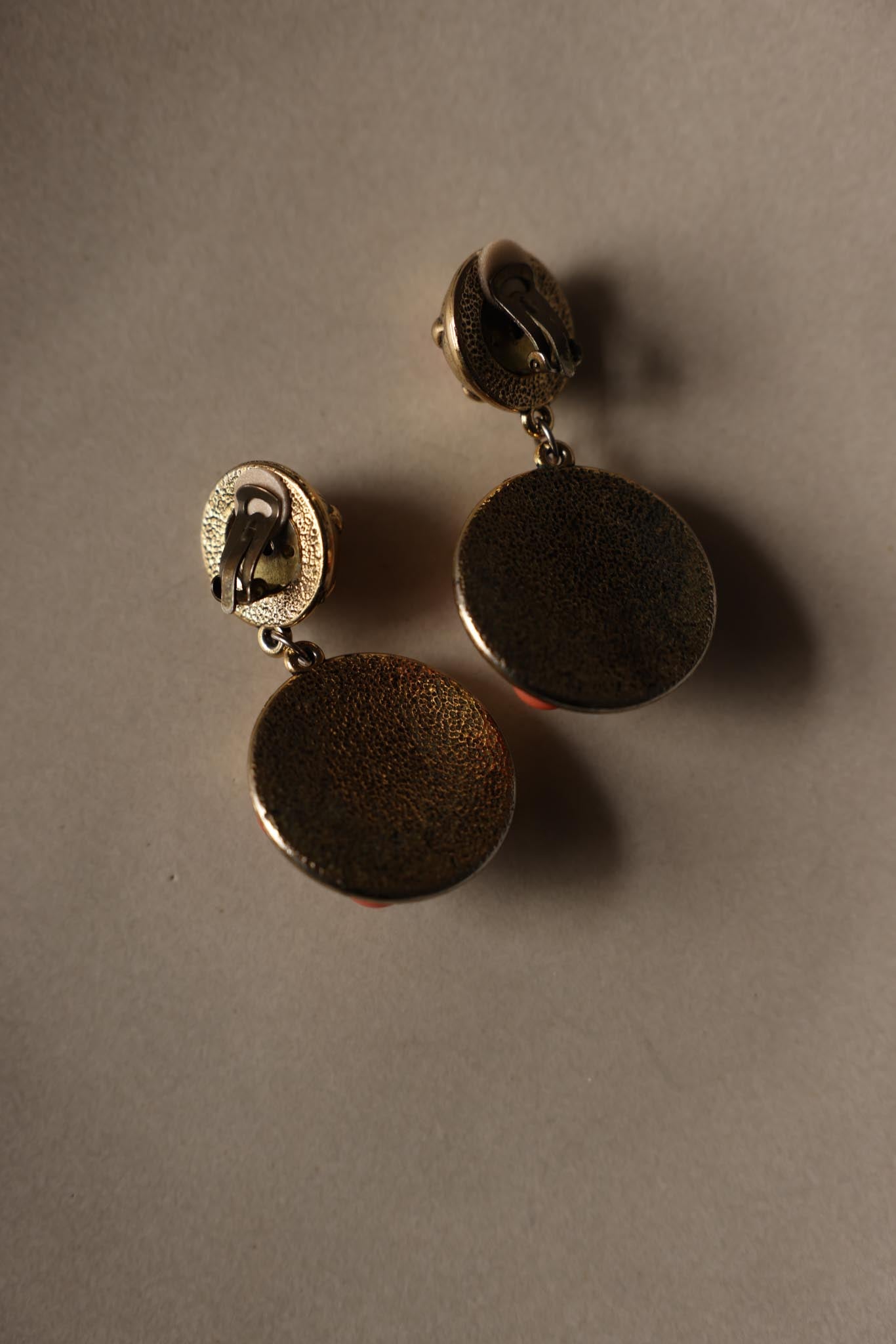 Gold Tone Brass Drop Clip-On Earrings with Coral Cabochons