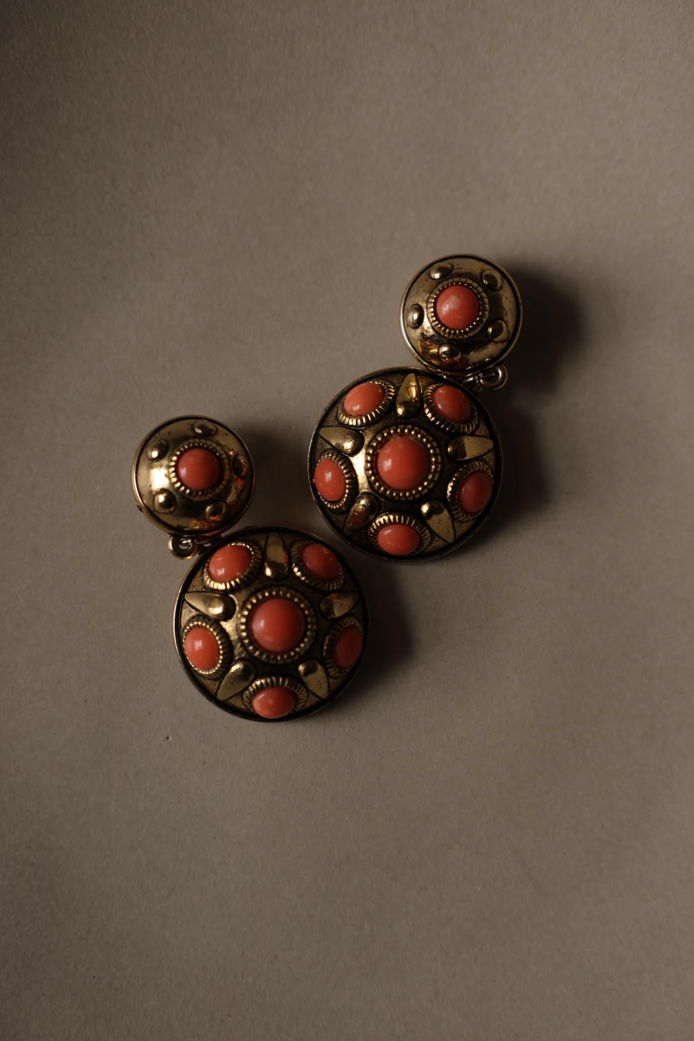 Gold Tone Brass Drop Clip-On Earrings with Coral Cabochons