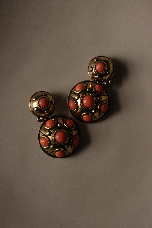 Gold Tone Brass Drop Clip-On Earrings with Coral Cabochons