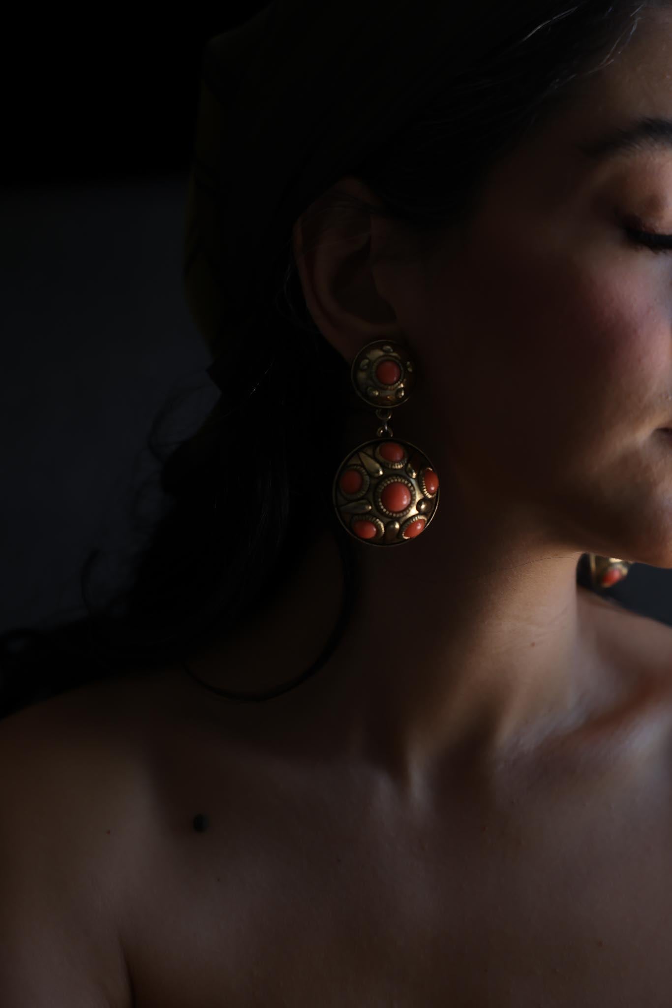 Gold Tone Brass Drop Clip-On Earrings with Coral Cabochons