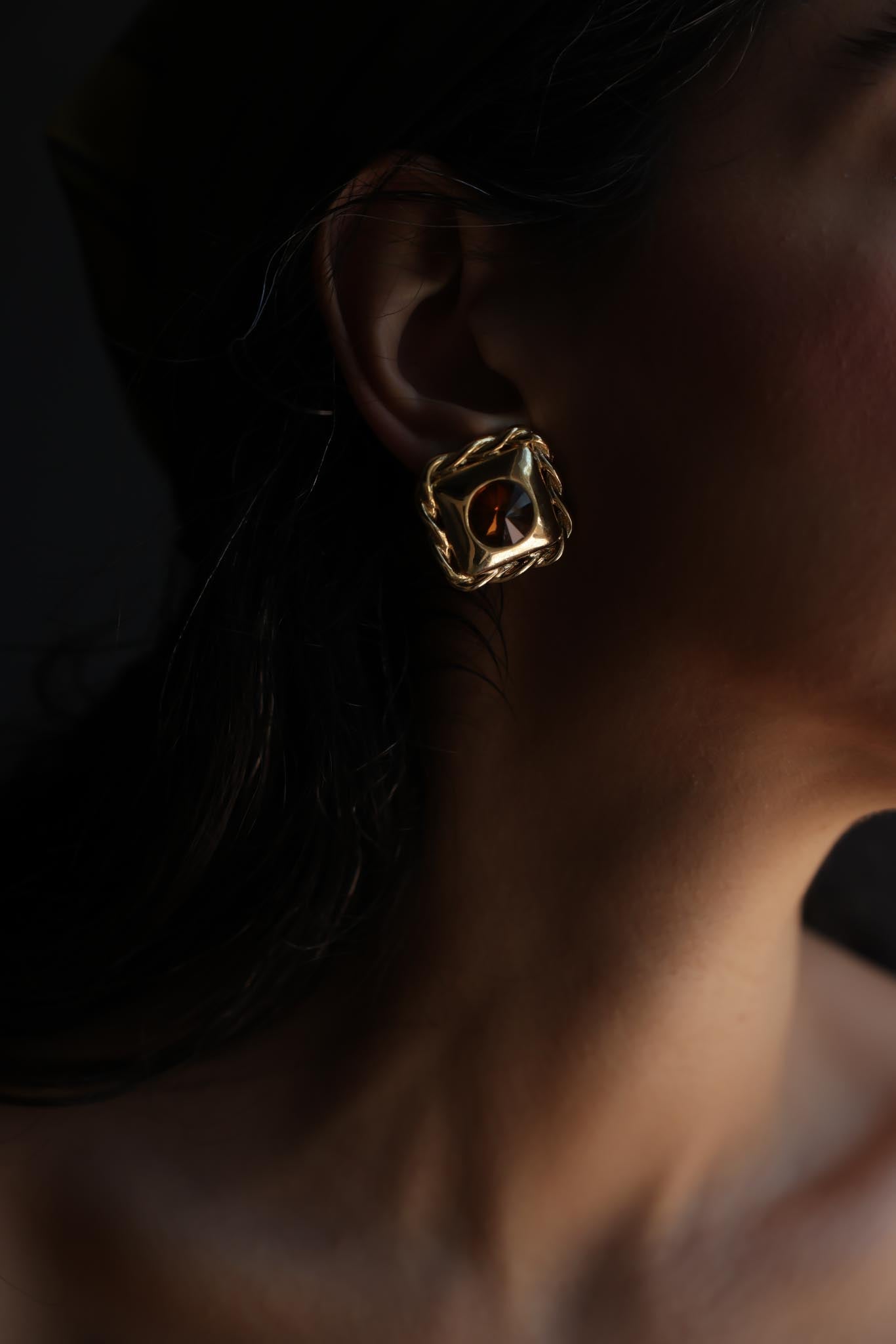Gold Tone Clip-On Earrings with Amber Center