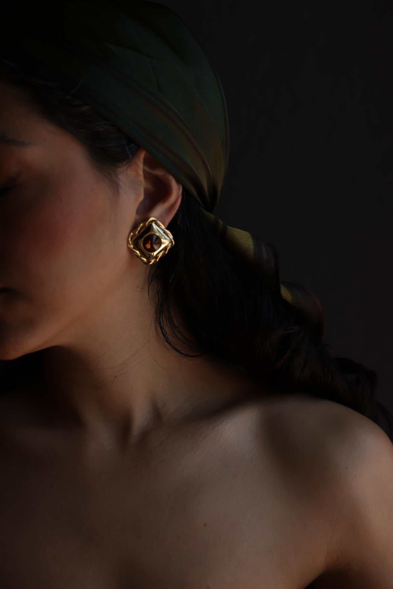 Gold Tone Clip-On Earrings with Amber Center