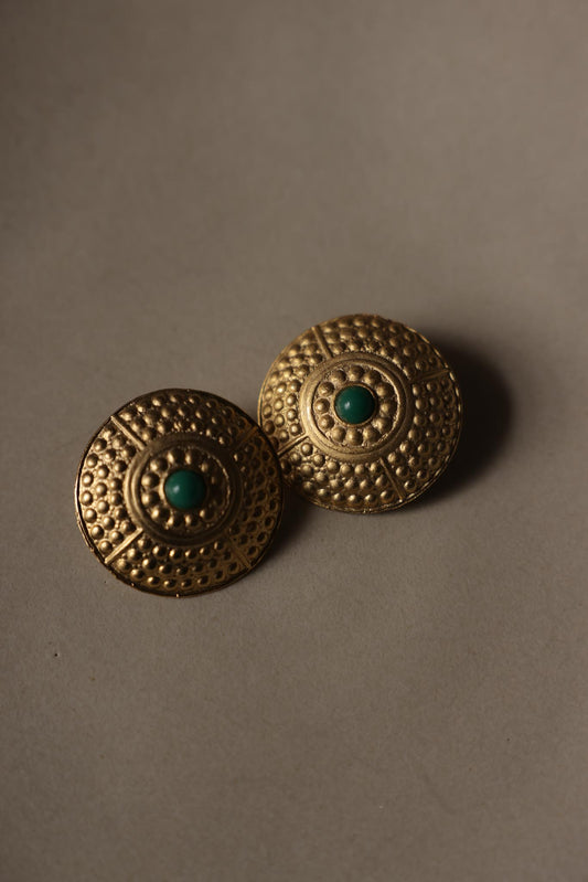 Gold Tone Textured Disc Pierced Earrings with Green Center