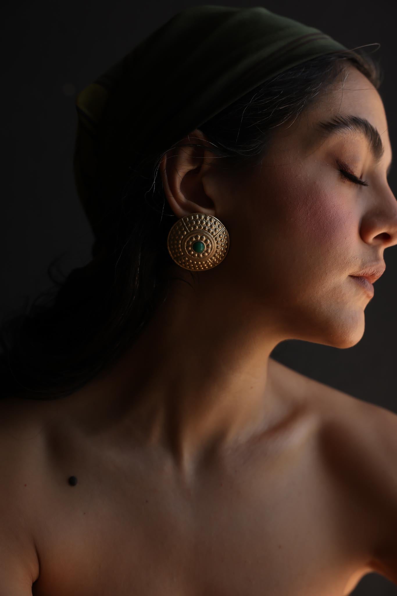 Gold Tone Textured Disc Pierced Earrings with Green Center