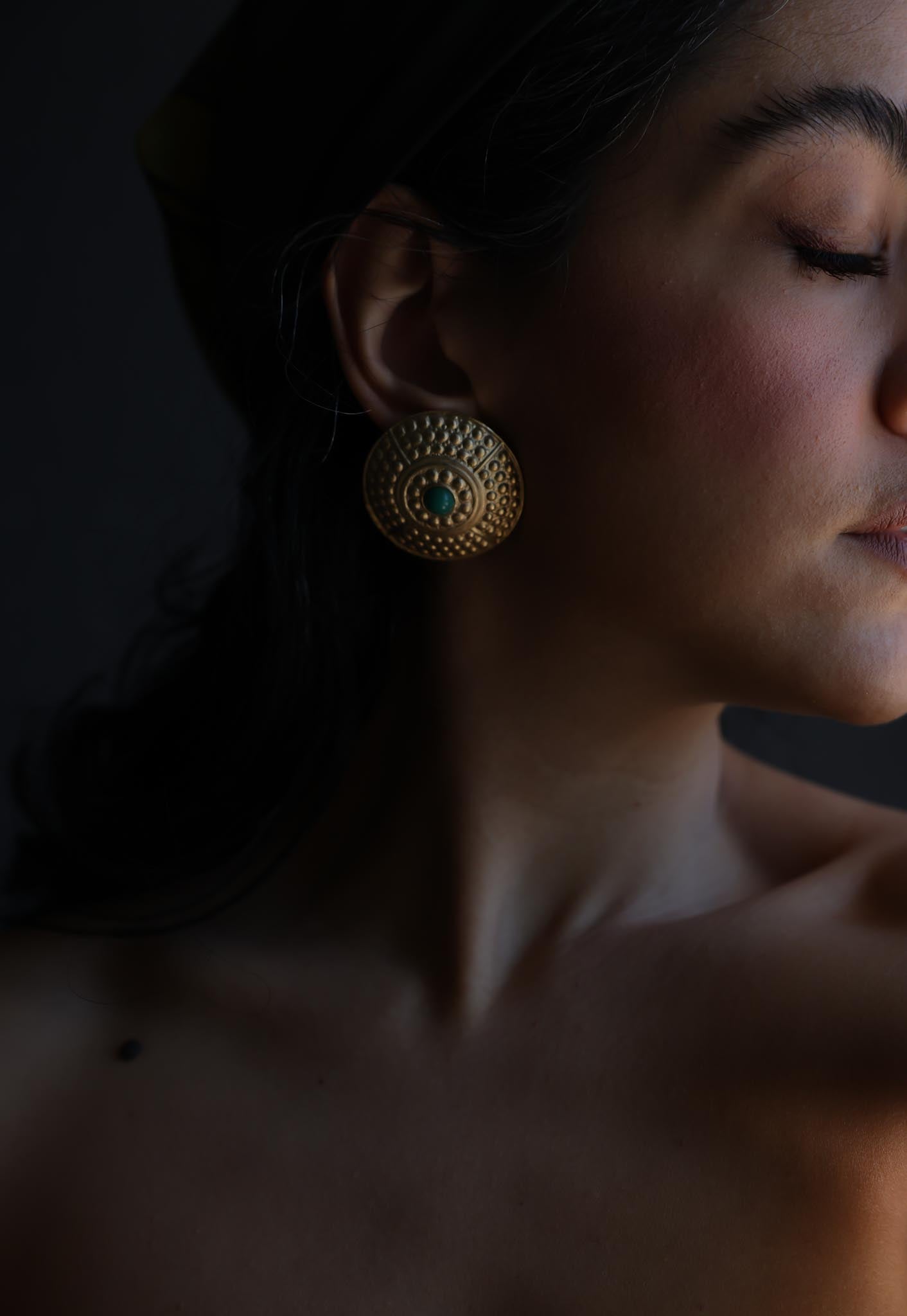 Gold Tone Textured Disc Pierced Earrings with Green Center