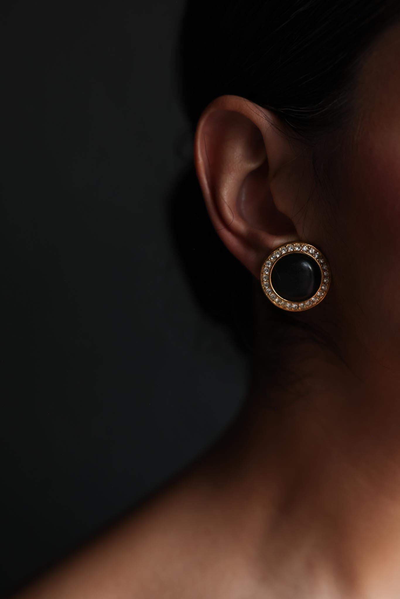 Gold-Tone Clip-On Earrings with Black Centers and Rhinestone Accents