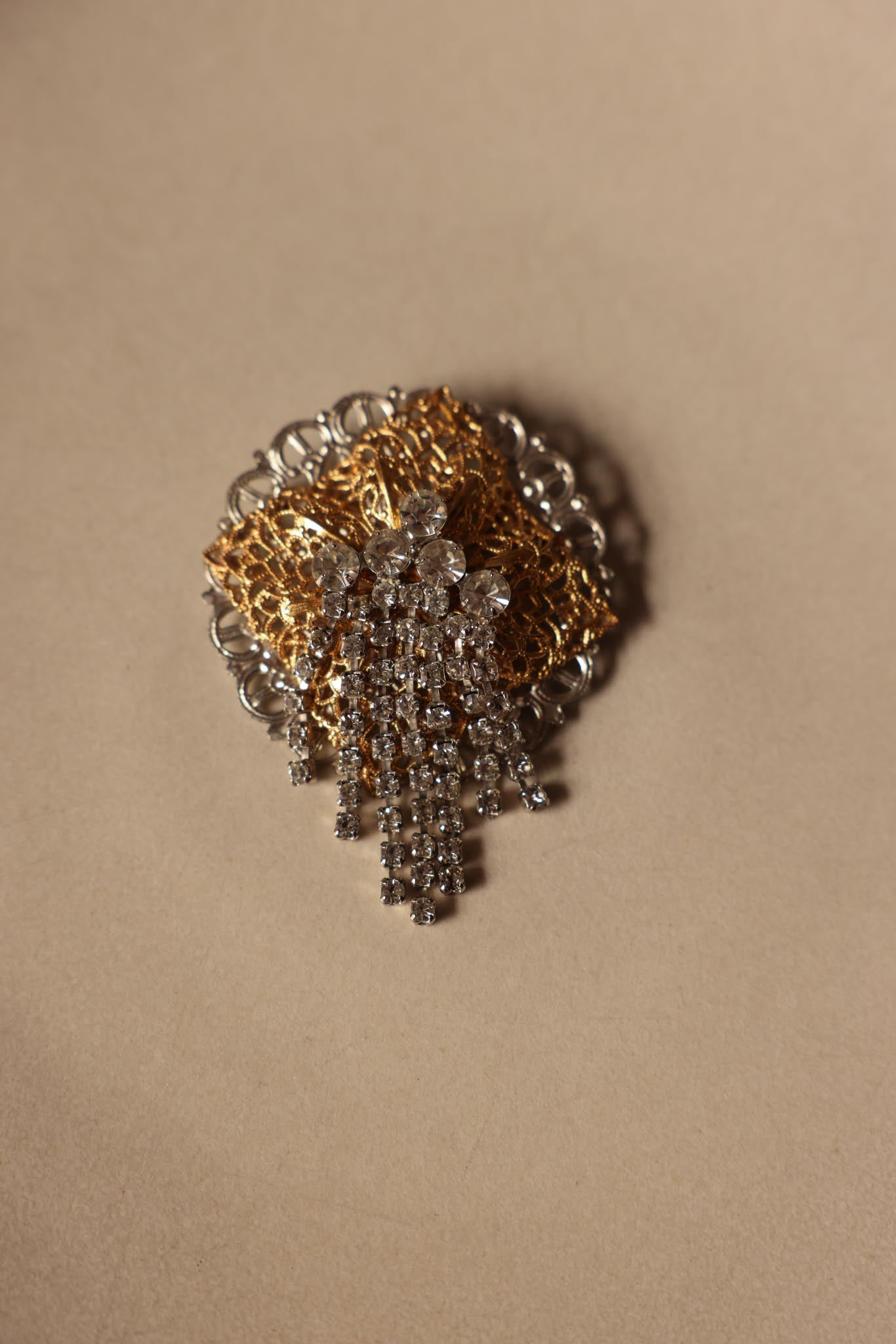 Gold and Silver Filigree Brooch with Rhinestone Fringe