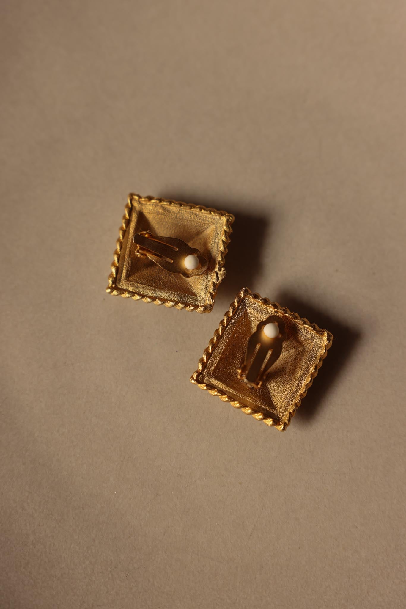 Matte Gold Square Clip-On Earrings with Black Accents