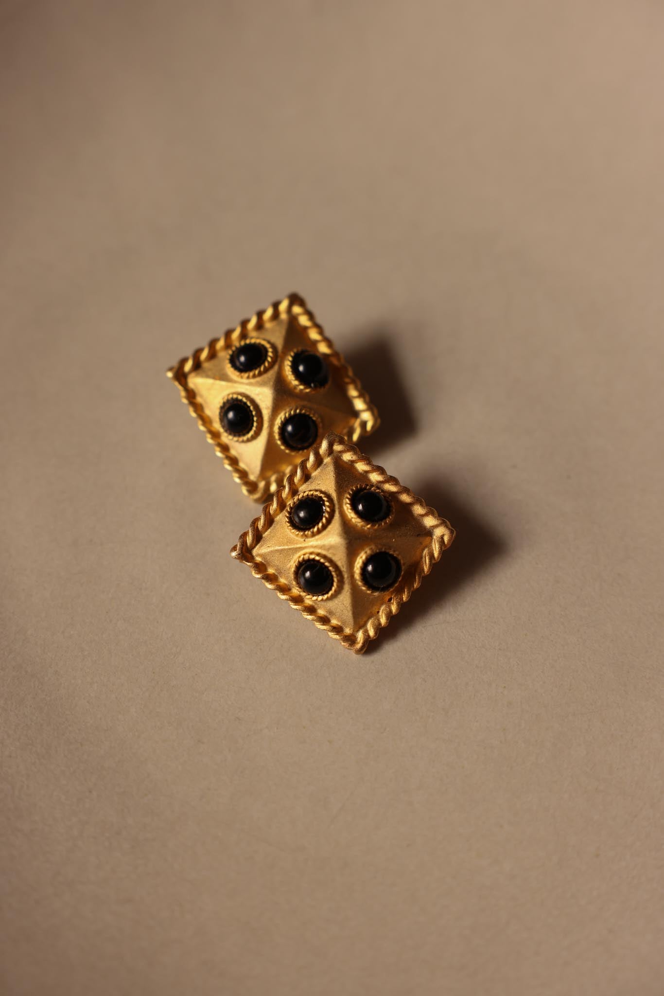 Matte Gold Square Clip-On Earrings with Black Accents