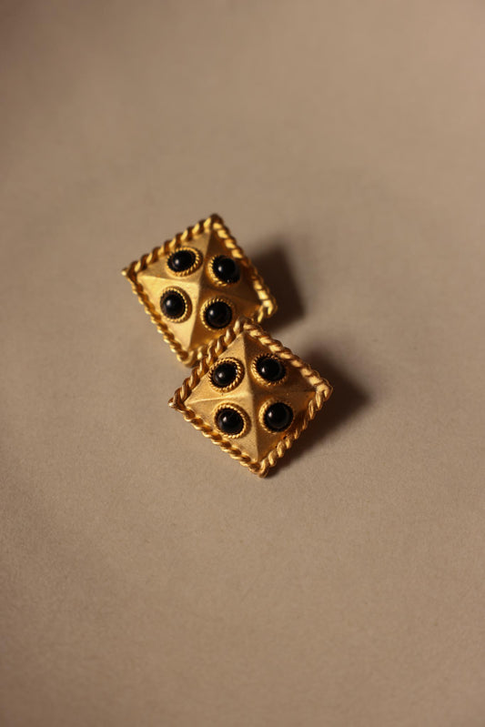 Matte Gold Square Clip-On Earrings with Black Accents