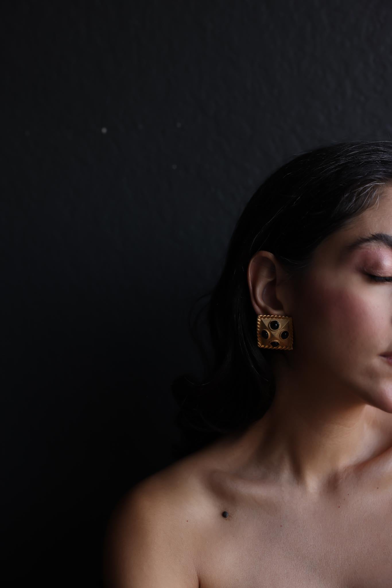 Matte Gold Square Clip-On Earrings with Black Accents