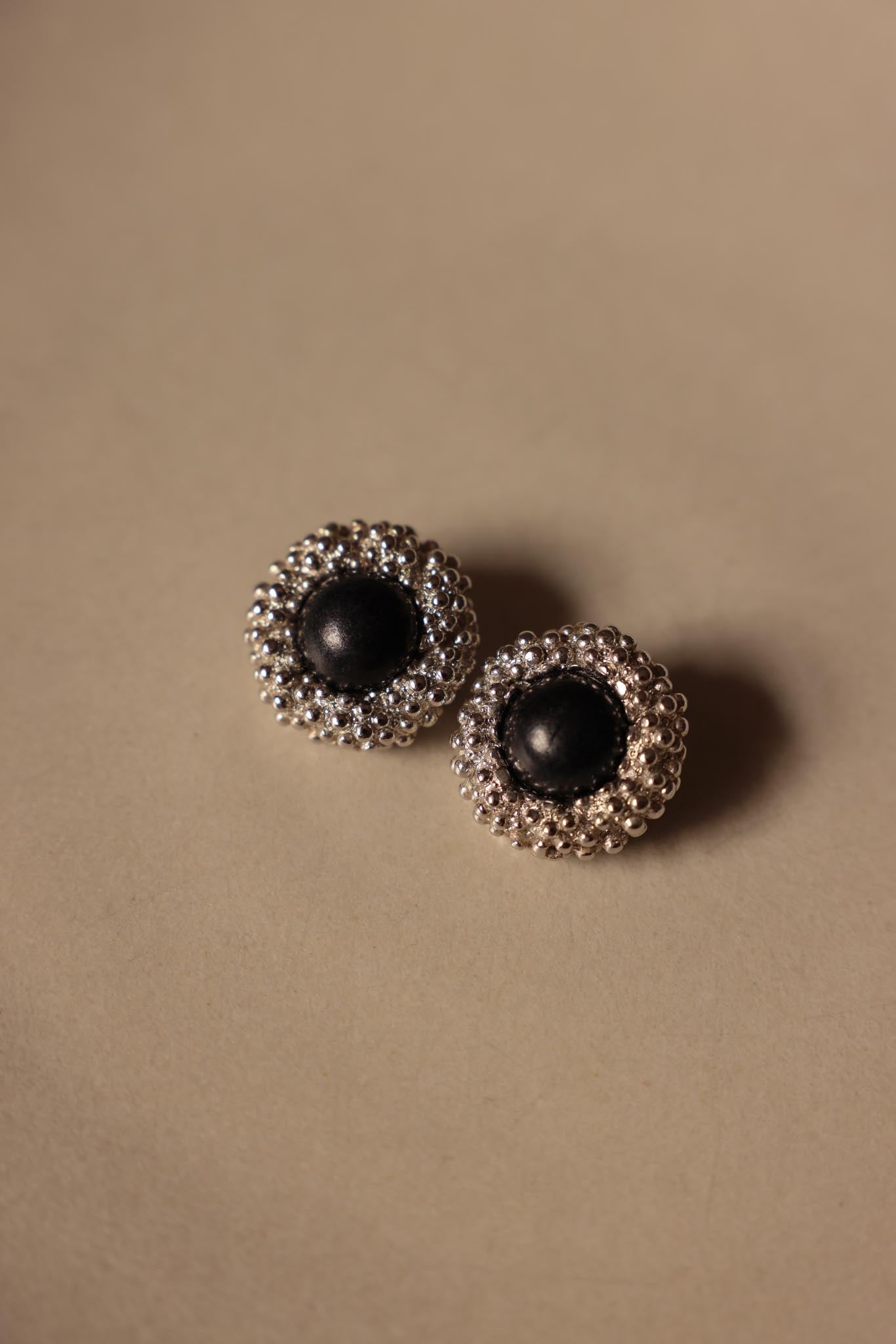 Silver-Tone Black Cabochon Clip-On Earrings