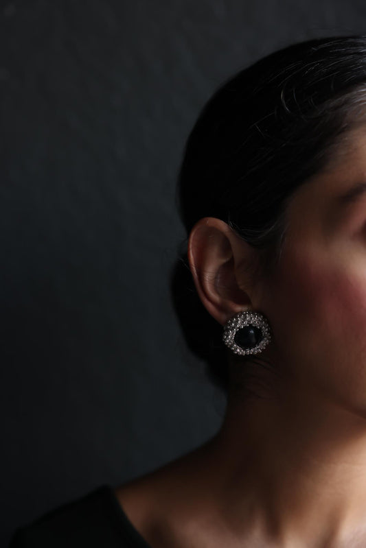 Silver-Tone Black Cabochon Clip-On Earrings