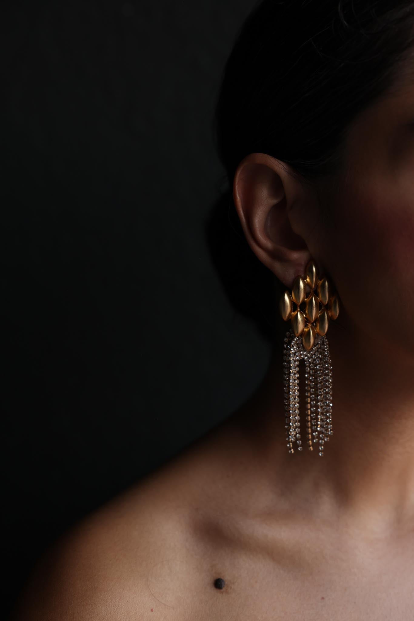 Matte Gold Rhinestone Cascade Clip-On Earrings