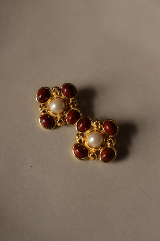 Gold-Tone Red Cabochon and Faux Pearl Clip-On Earrings