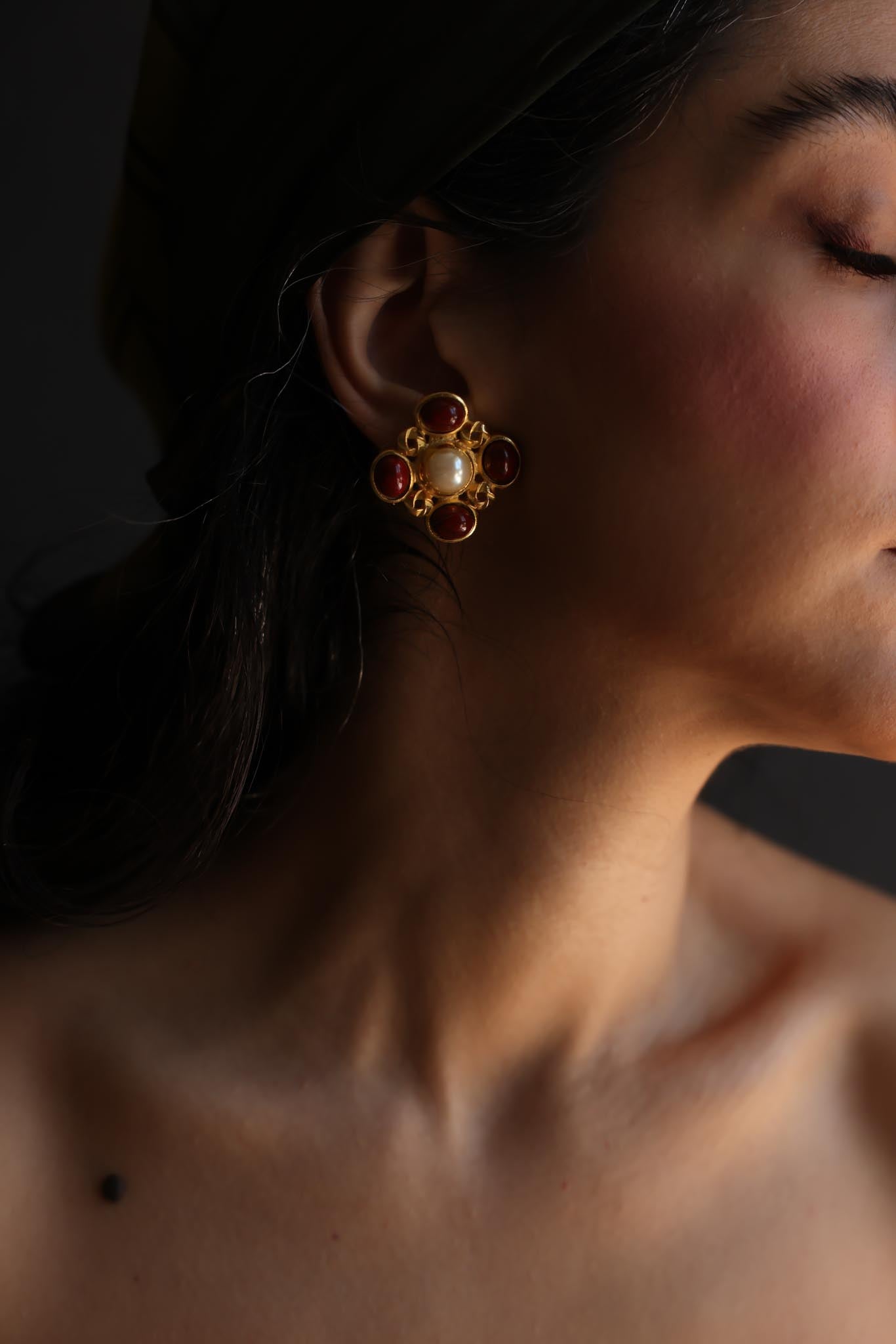Gold-Tone Red Cabochon and Faux Pearl Clip-On Earrings