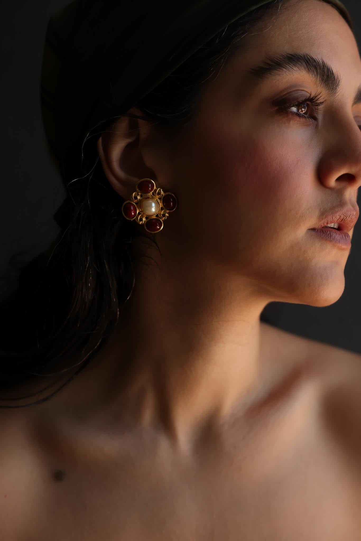Gold-Tone Red Cabochon and Faux Pearl Clip-On Earrings